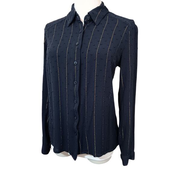 EXPRESS Classic Button Front Blouse Top Small Navy Blue Career Casual Basic - Picture 8 of 8